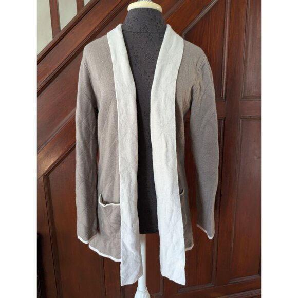 Benedetta Bc Merino Wool Blend Long Open Cardigan With Pockets Beige & White L - Picture 1 of 8